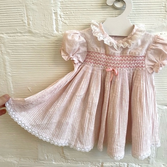 Smocked  Pink Lace Kids Dress vintage 18-24mo - Picture 4 of 11